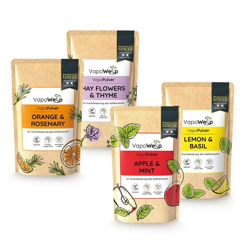 VapoPulver-Set | Orange & Rosemary, Lemon & Basil, Hay Flowers & Thyme, Apple & Mint - VapoWesp